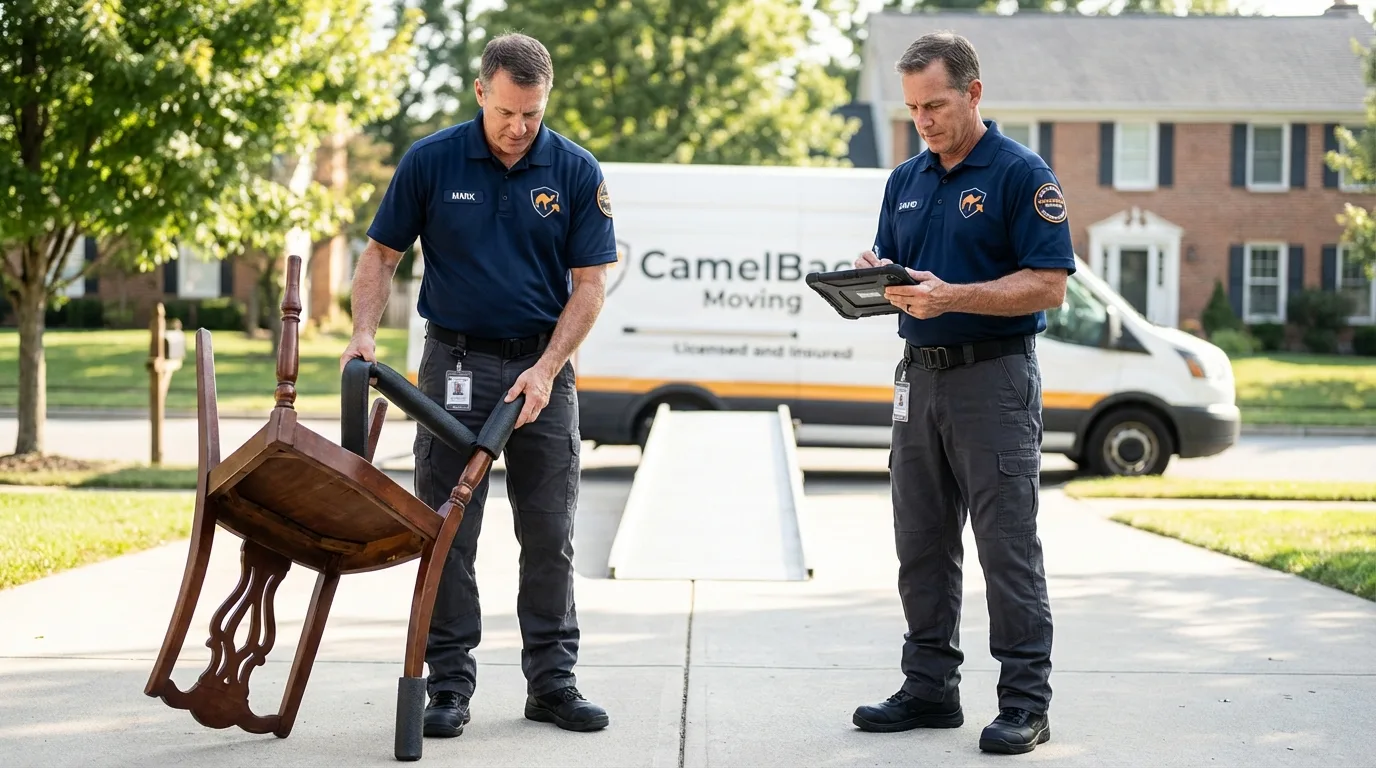 Movers inspecting furniture for damage prevention before loading in Monongahela, PA